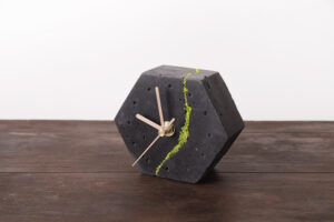 Hexagonal Concrete Table Clock With Reindeer Lichen Dark