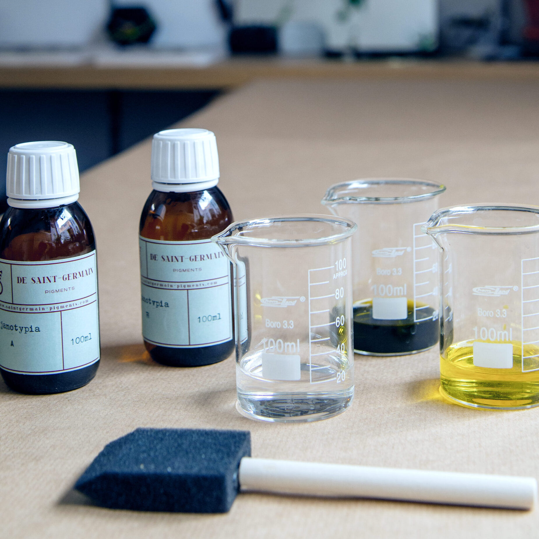 Materiały używane podczas warsztatów cyjanotypii